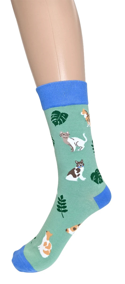 Chaussettes à motif chats et feuilles - En coton mélangé