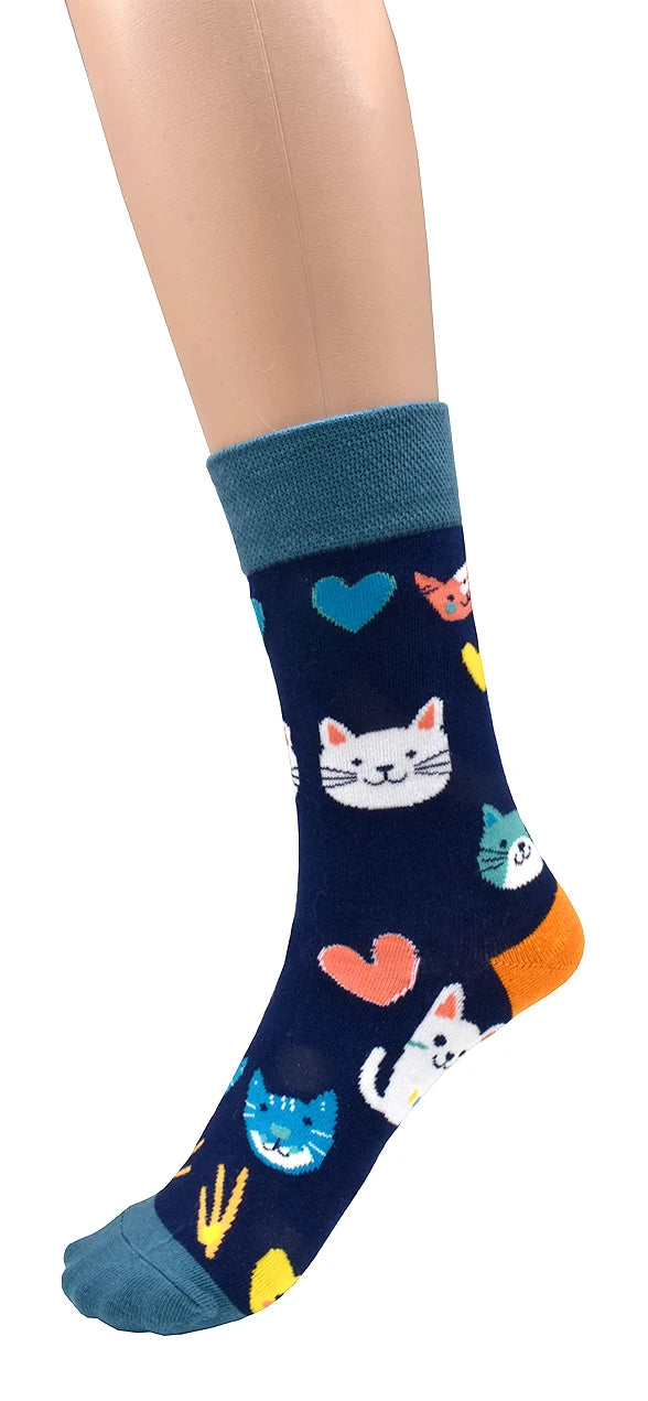 Chaussettes à motifs chats et cœurs - En coton mélangé