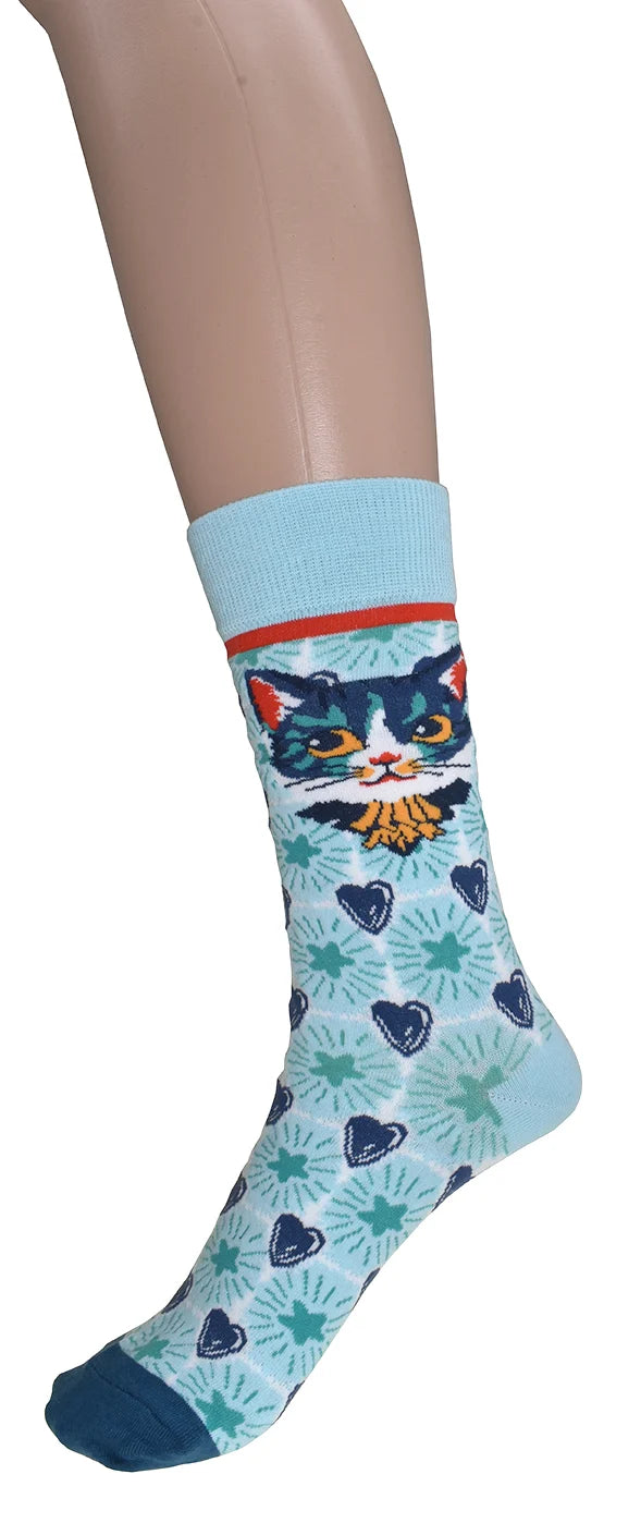 Chaussettes à motif de chats, cœurs et étoiles - En coton mélangé