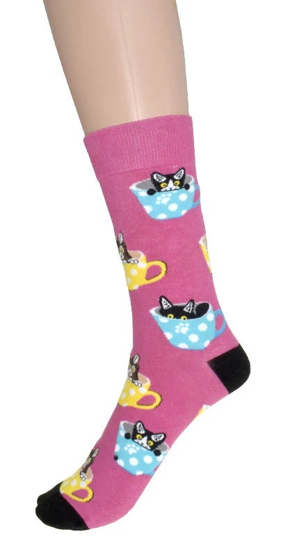 Chaussettes à motif chat dans une tasse - En coton mélangé