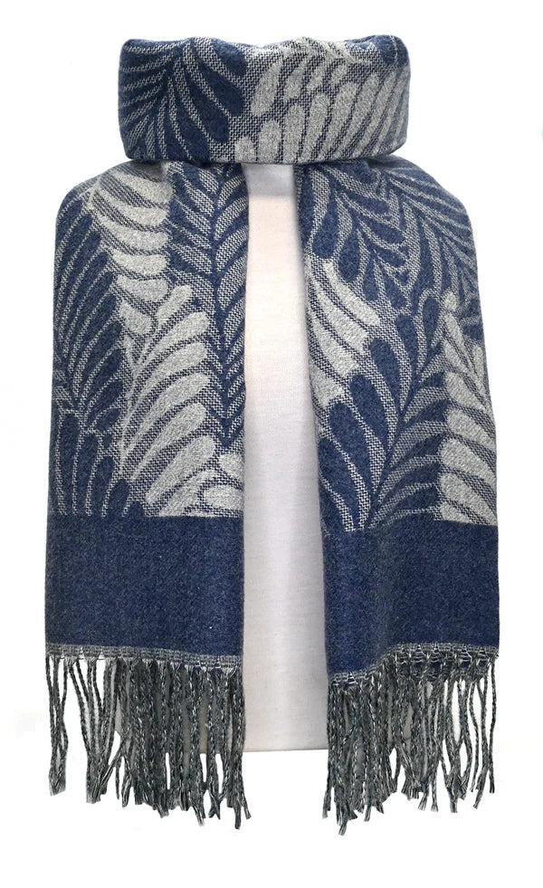 Écharpe à motifs de feuilles de fougère - Chaude et douce à franges