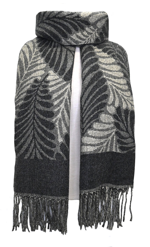Écharpe à motifs de feuilles de fougère - Douce et chaude à franges