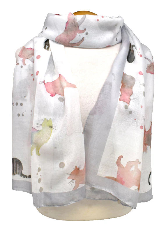 Foulard long à imprimé de chats – tons gris doux