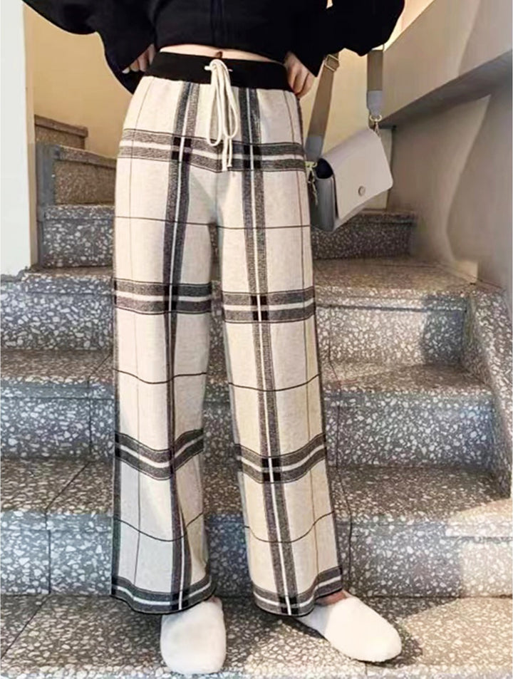 Pantalon ample en tricot à carreaux - Chaud et extensible