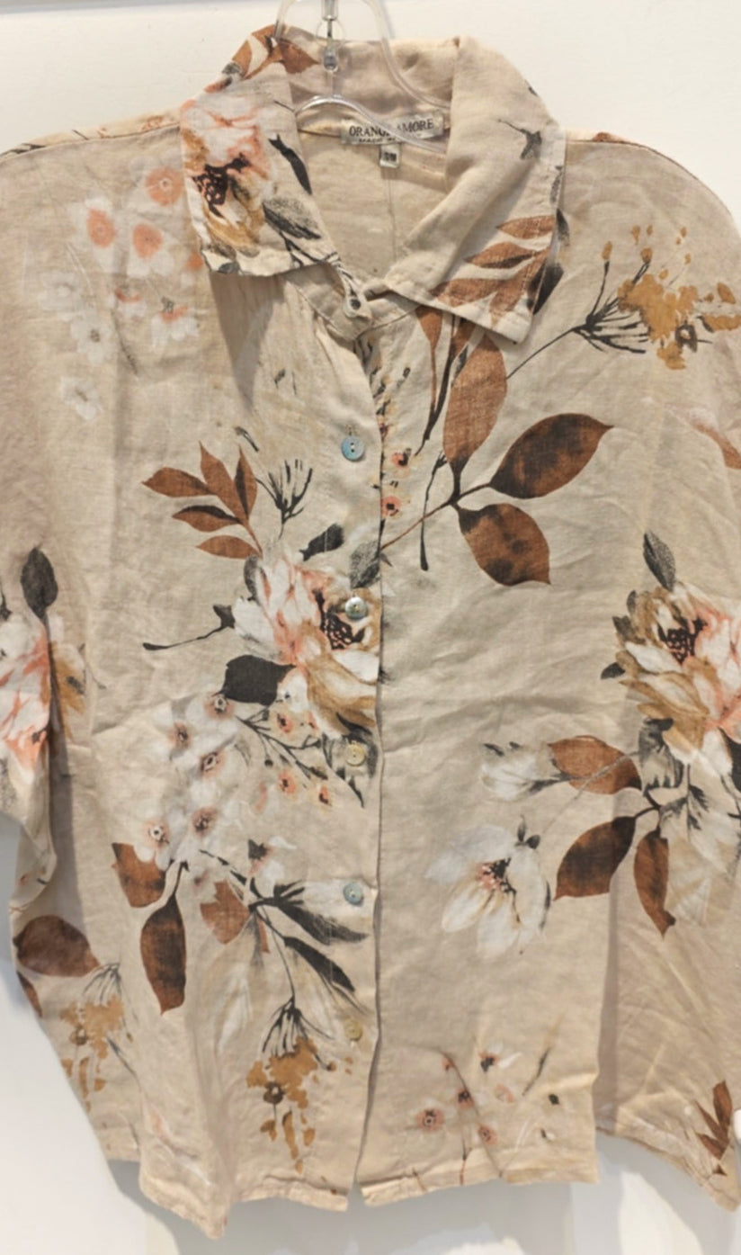 Blouse imprimée feuilles sépia Sylvie – 100% lin