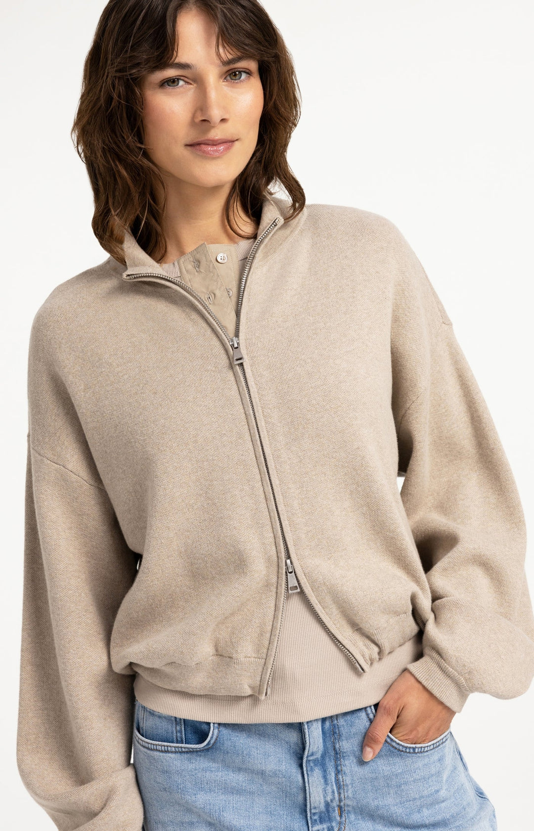 Cardigan jacquard zippé à manches longues - En coton au style urbain et décontracté