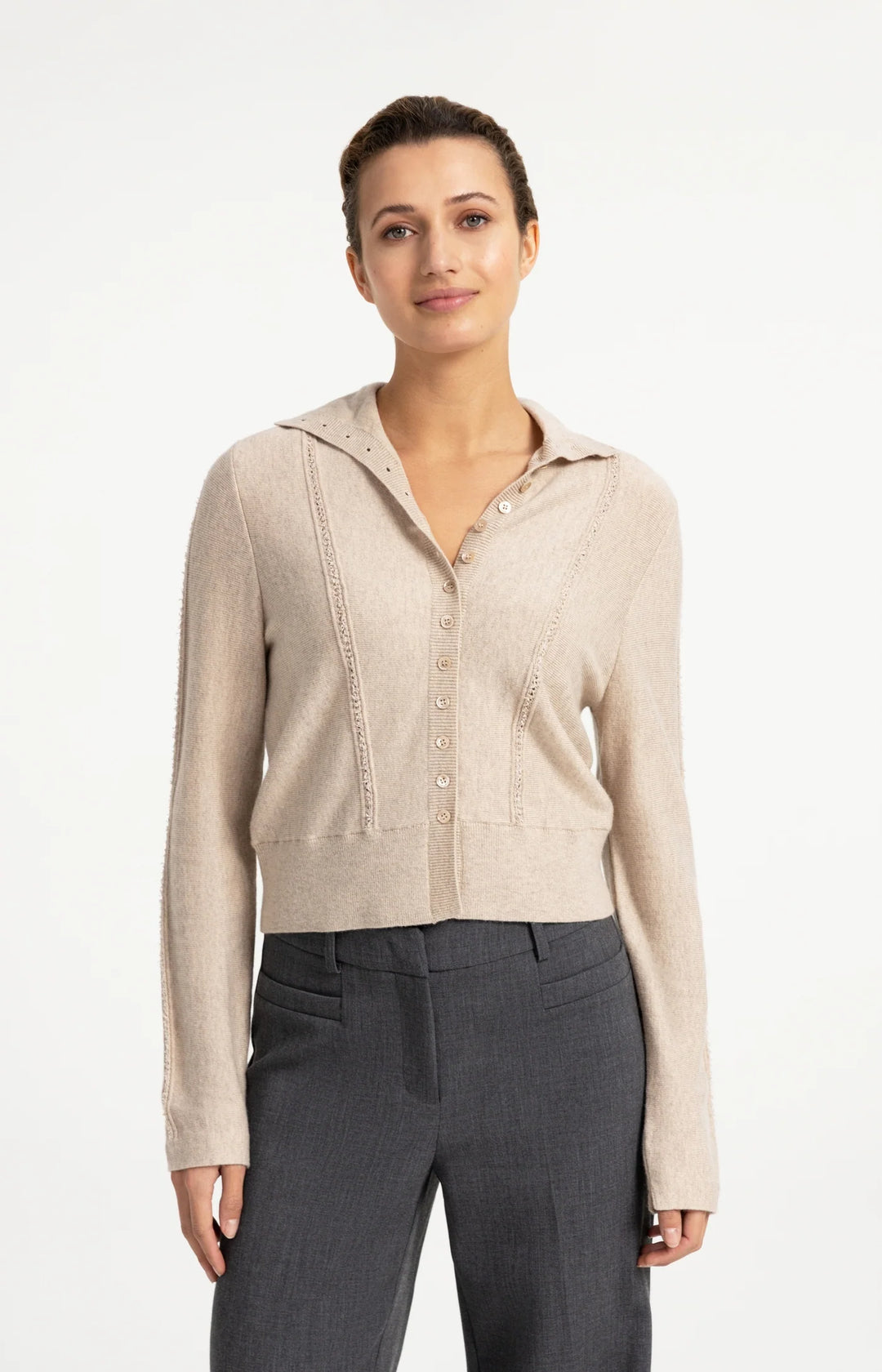 Cardigan ajusté en laine et cachemire à col montant modulable - À détails texturés