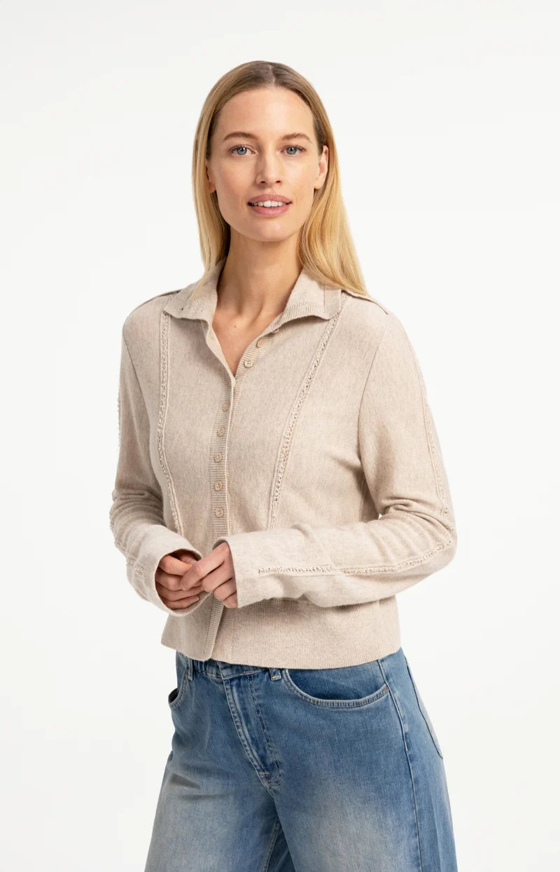 Cardigan ajusté en laine et cachemire à col montant modulable - À détails texturés