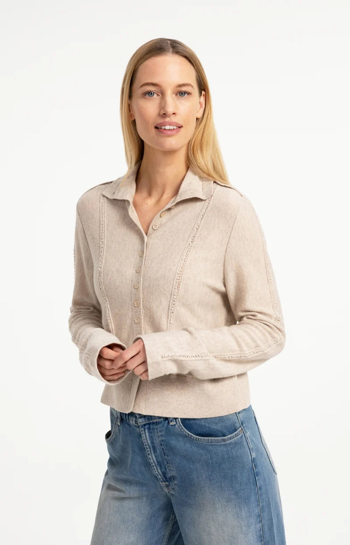 Cardigan ajusté en laine et cachemire à col montant modulable - À détails texturés