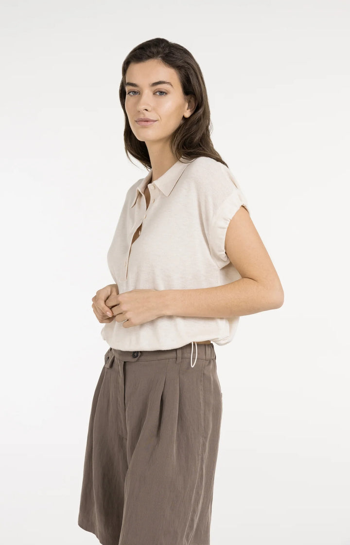 Haut en tricot fin de viscose et cachemire - Avec cordon de serrage et col classique