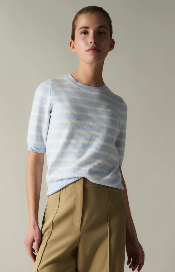 Short-sleeved striped knit sweater - Soft blend with a touch of wool