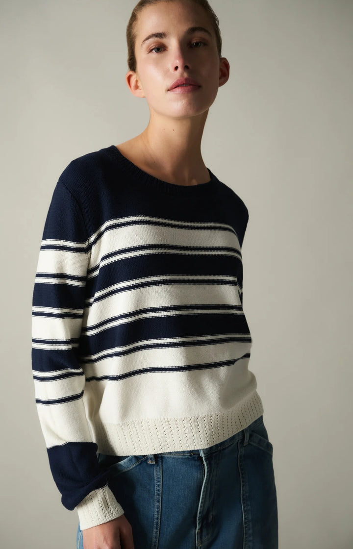 Long-sleeved striped knit sweater - Cotton and linen blend