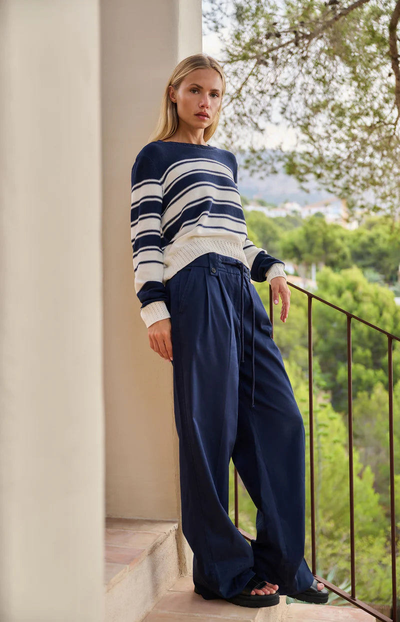 Pull en maille rayée à manches longues - Mélange de coton et lin