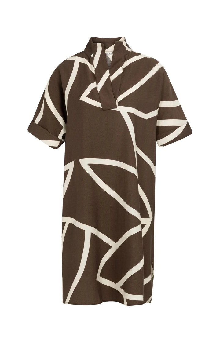 Robe mi-longue imprimée à coupe ample - Avec col polo en V et revers aux manches
