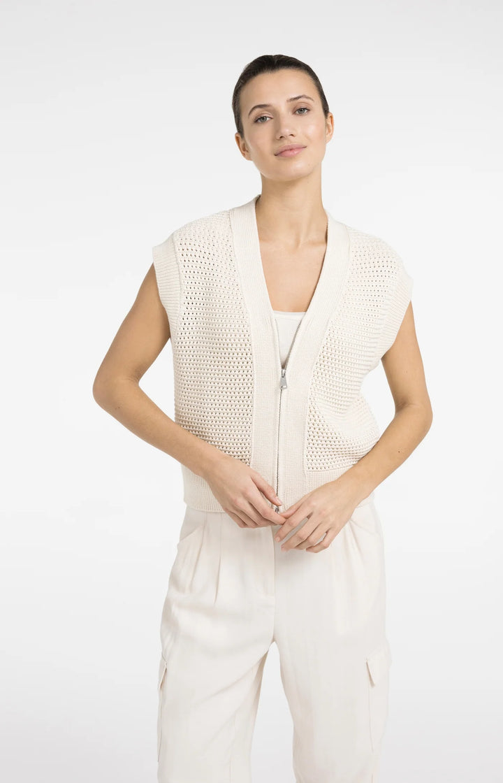 Cardigan sans manches en maille filet texturée - Avec fermeture éclair et col en V