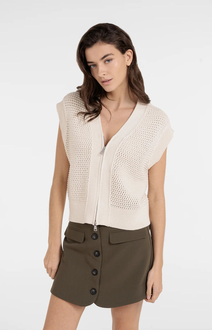 Cardigan sans manches en maille filet texturée - Avec fermeture éclair et col en V