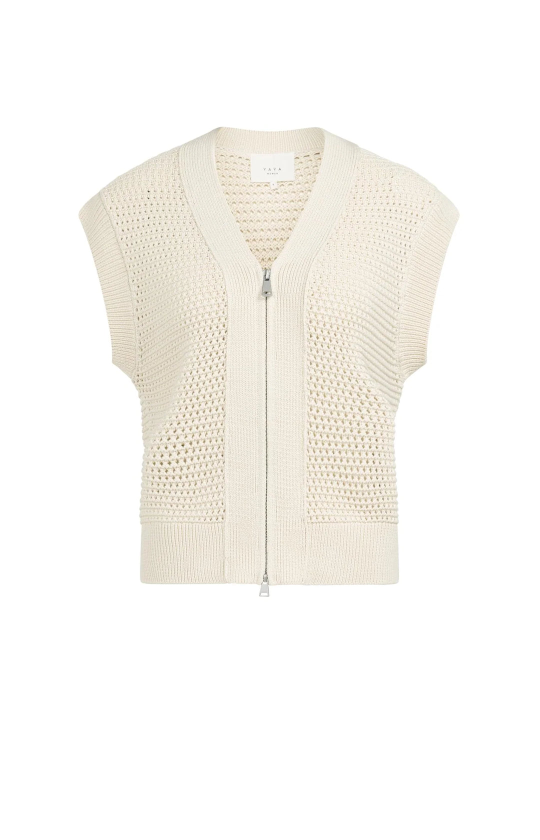 Cardigan sans manches en maille filet texturée - Avec fermeture éclair et col en V