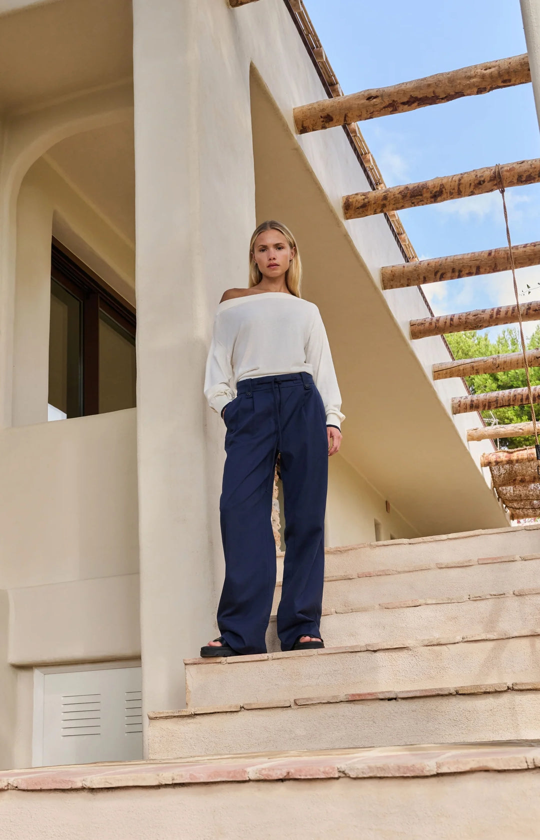 Pantalon large à cordon - En coton tissé à taille haute élastiquée